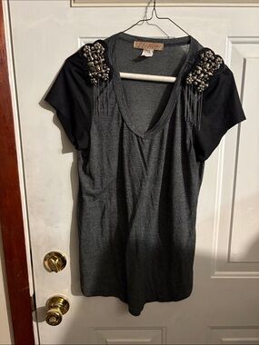 Penelope Charcoal Gray Tee with Black Beaded Fringe Shoulders